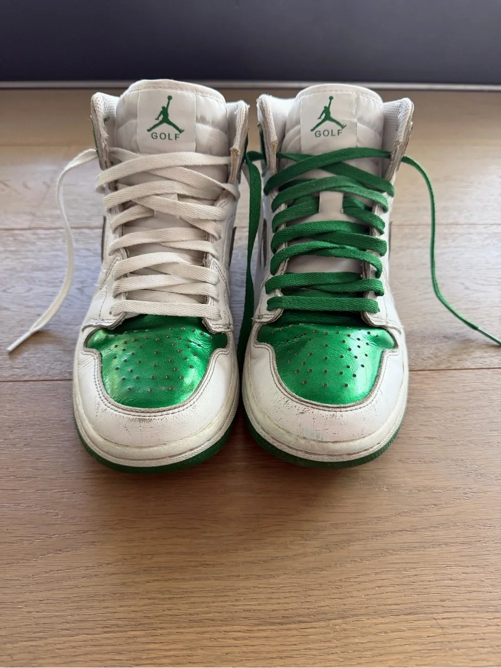 Nike men’s golf White and Metallic Green High-Top Jordan 1’s